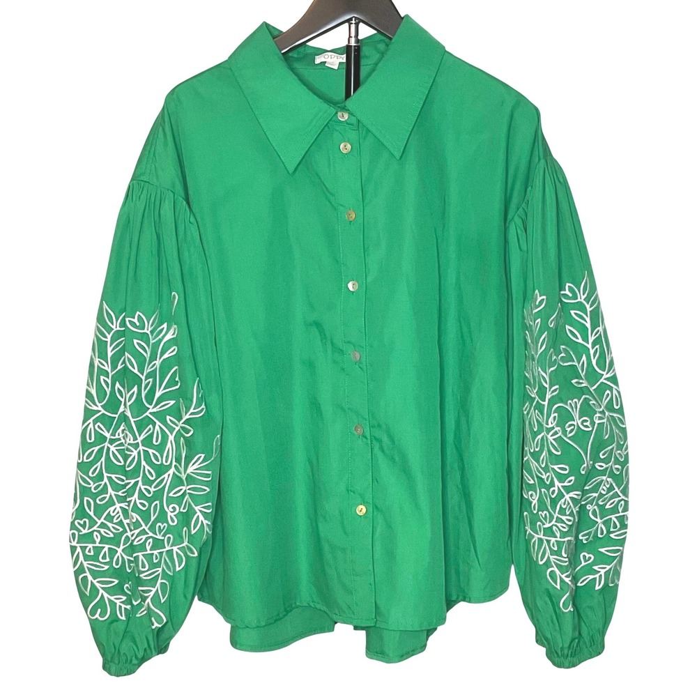 ODDI‎ ODDY womens embroidered blouse puff sleeve Boho cottage green bright Large